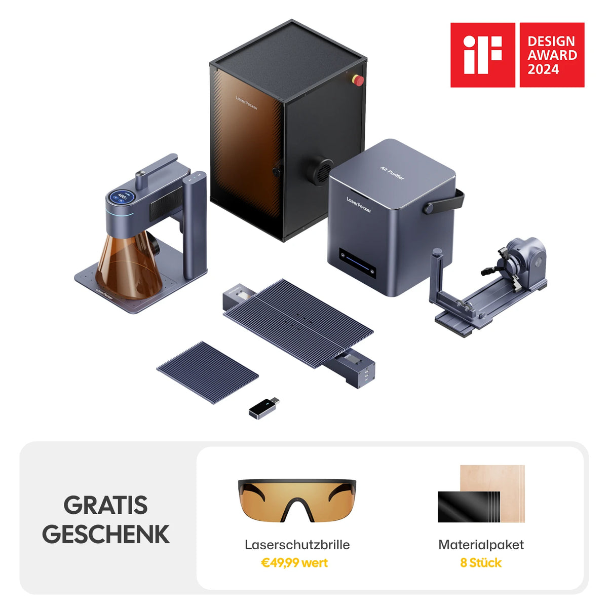 LaserPecker LP4 Lasergravierer, Standardgehäuse, vielseitiges elektrisches Rotationsmodul, tragbarer Luftreiniger, Slide Erweiterung und Gratis Geschenk enthält eine Laserschutzbrille und acht
Stück Materialien