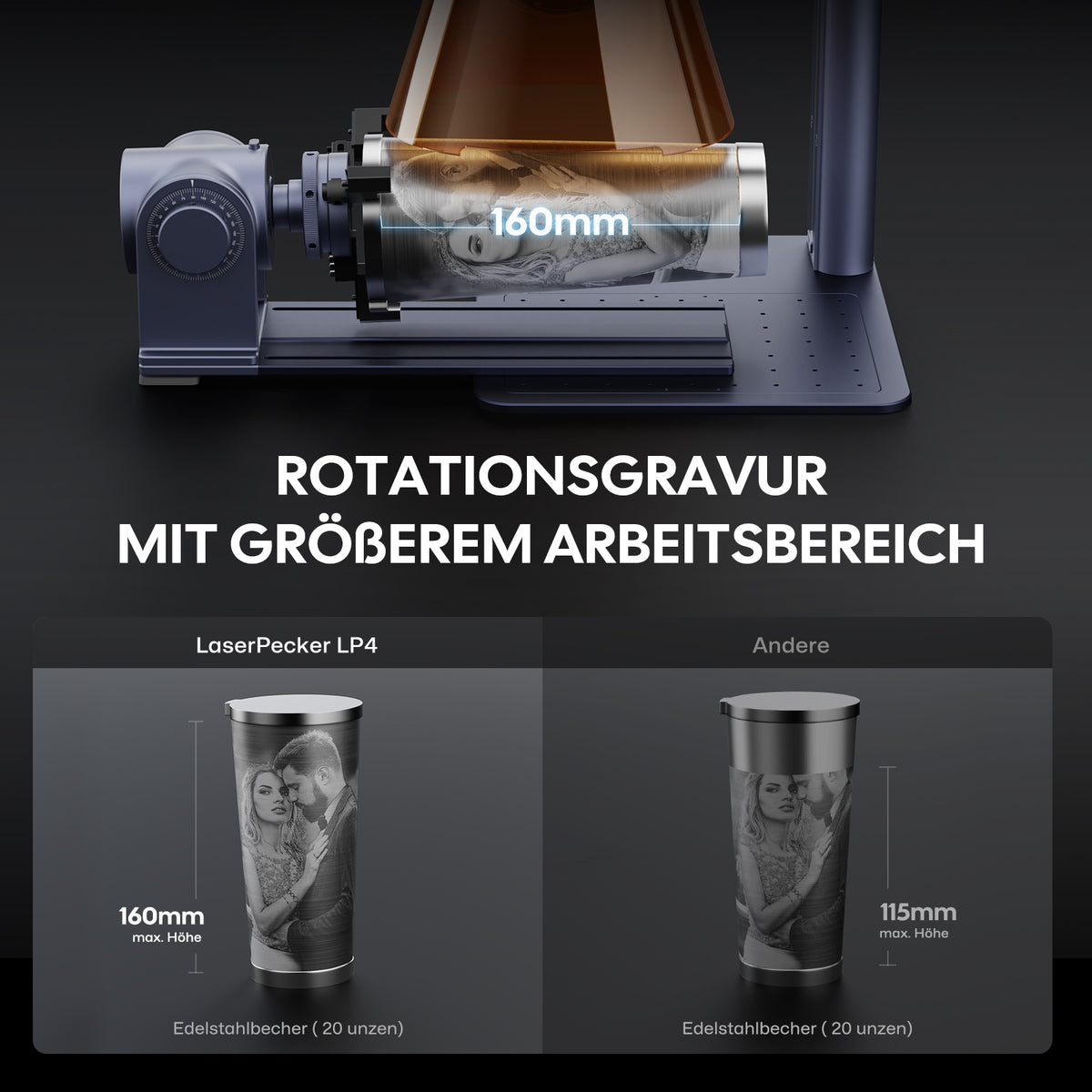 LaserPecker LP4 Rotationsgravur – 160 mm maximale Höhe für 20 oz Edelstahlbecher im Vergleich zu anderen Lasergravierern.
