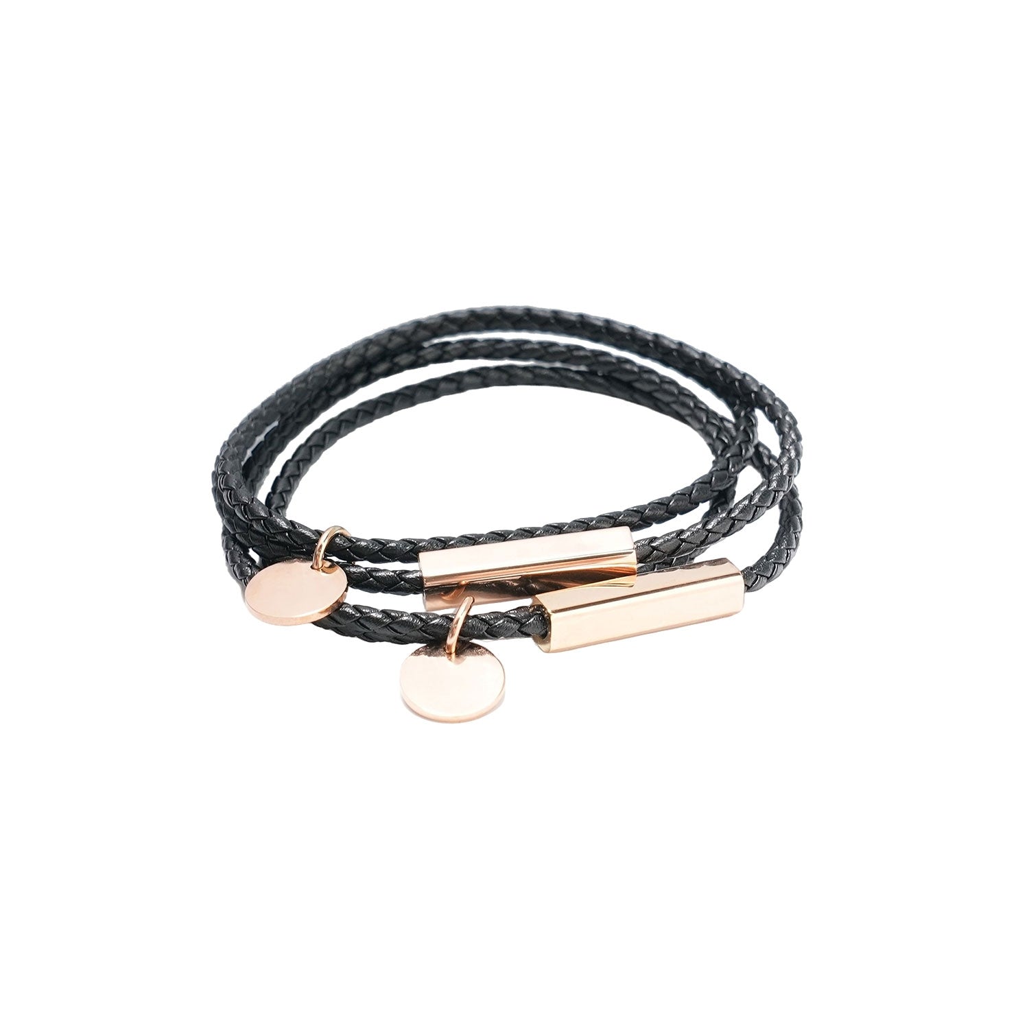 Geflochtenes Lederarmband mit Edelstahlstab, 2 Stk, Schwarz