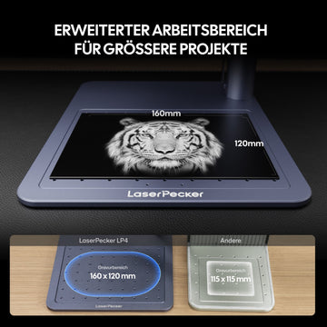 LP4 Lasergravieer verfügt über einen großen Arbeitsbereich von bis zu 120 mm x 160 mm.