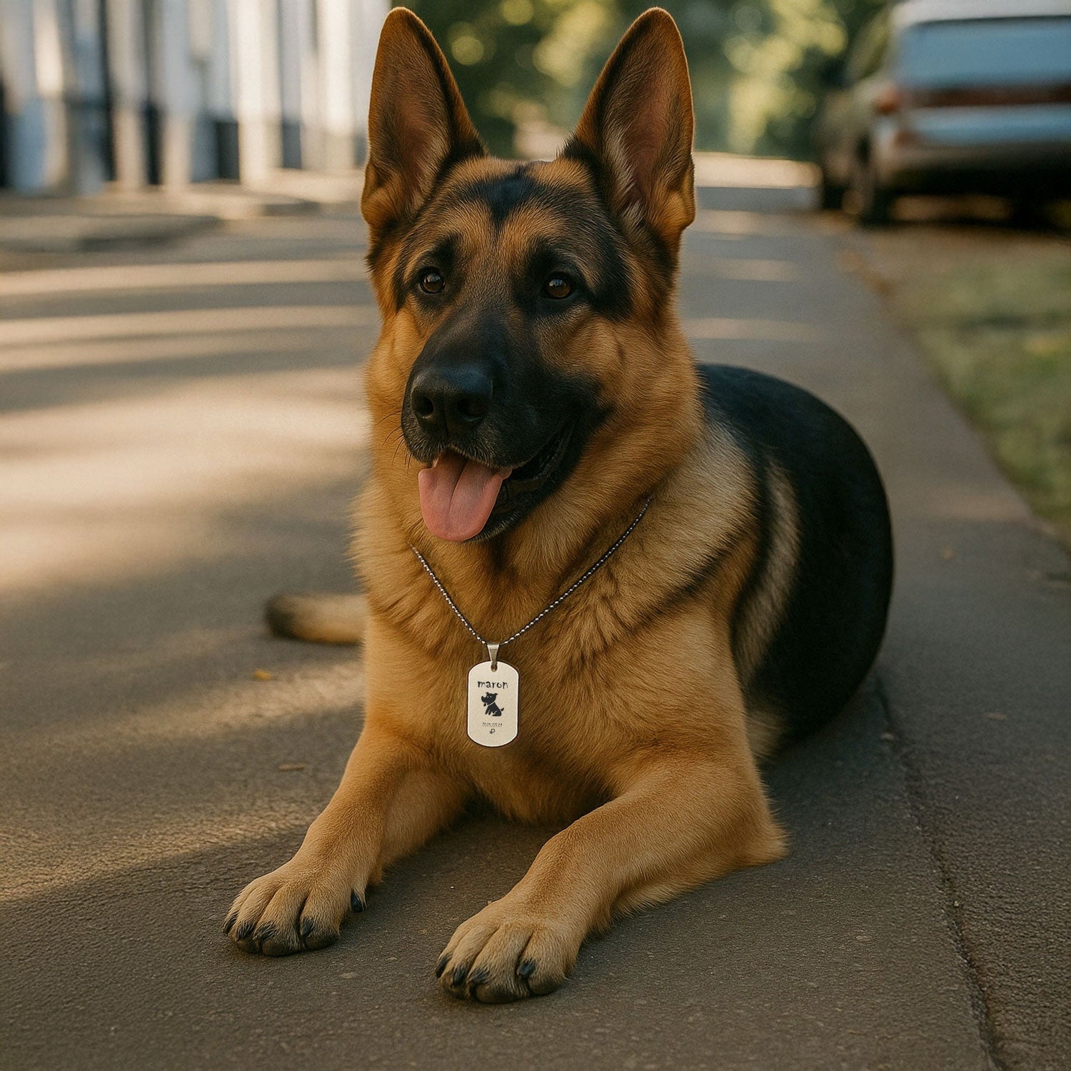 Ein Hund trägt diese Halskette mit seiner Info aud dem Anhänger.