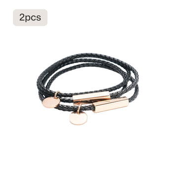 Geflochtenes Lederarmband mit Edelstahlstab, 2 Stk, Schwarz
