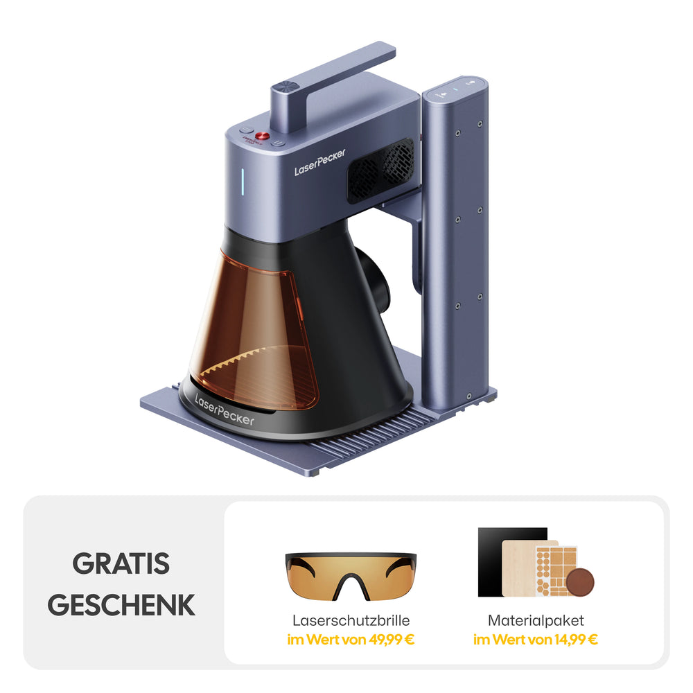 LaserPecker LP2 Plus Basic-Paket mit gratis Geschenk – Laserschutzbrille und Materialpaket im Wert von zusammen 64,98 €.