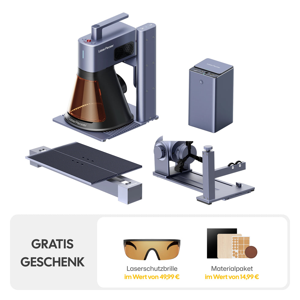 LaserPecker LP2 Plus Pro-Paket – komplettes Bundle mit Lasergravierer, Powerpack Plus Powerbank, Schiebeerweiterung, Rotationserweiterung, plus gratis Laserschutzbrille und Materialpaket.