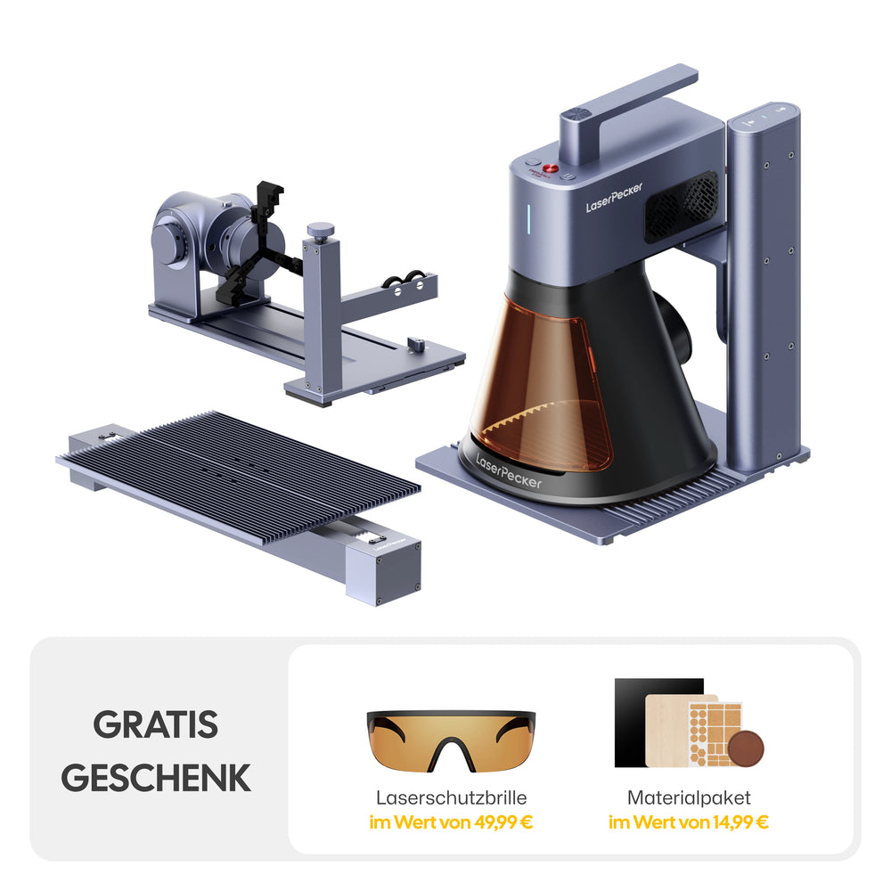LaserPecker LP2 Plus Pro-Paket – komplettes Bundle mit Rotationserweiterung und Schiebeerweiterung, plus gratis Laserschutzbrille und Materialpaket.