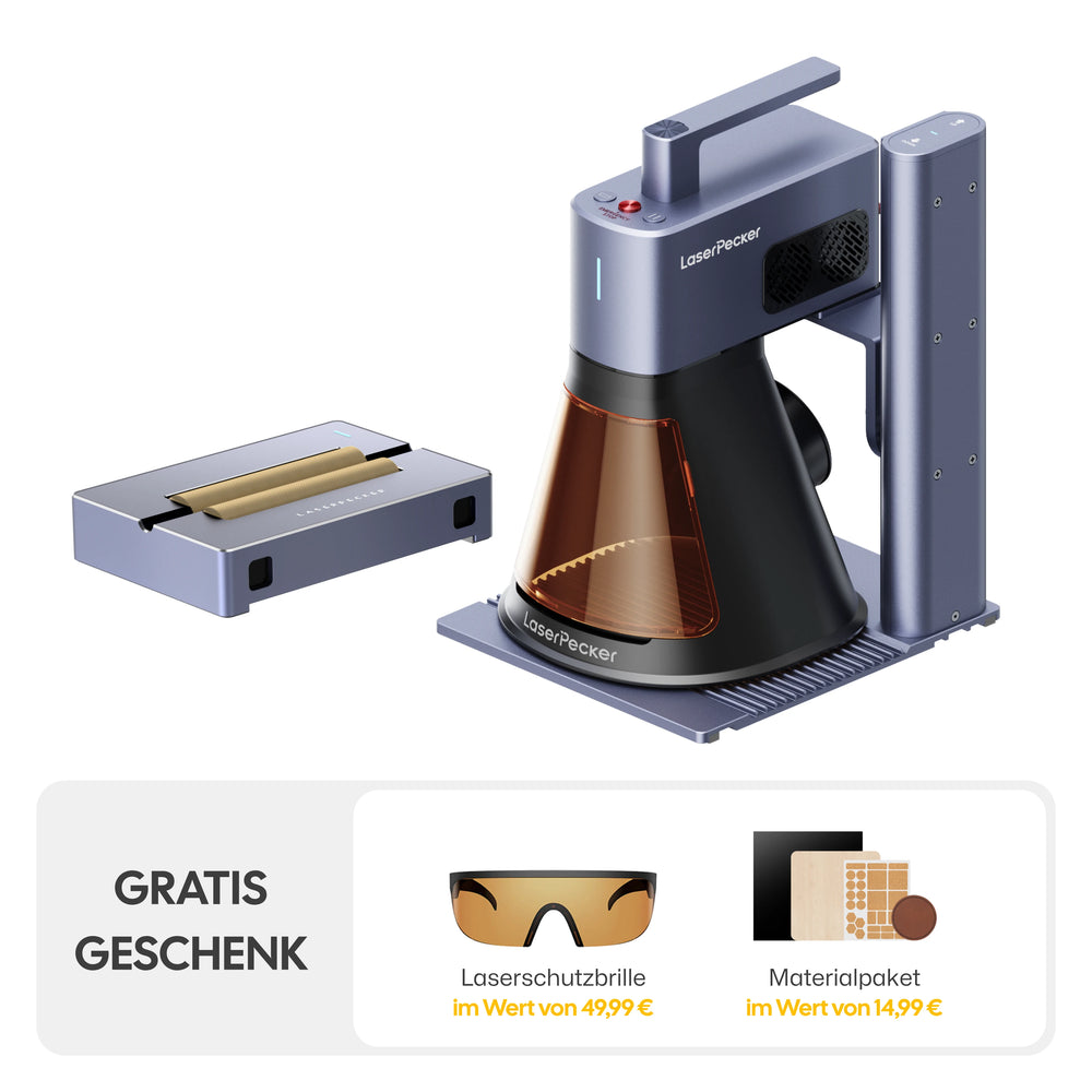 LaserPecker LP2 Plus SpinTrack-Paket – gratis Laserschutzbrille und Materialpaket im Wert von 49,99 € und 14,99 €.