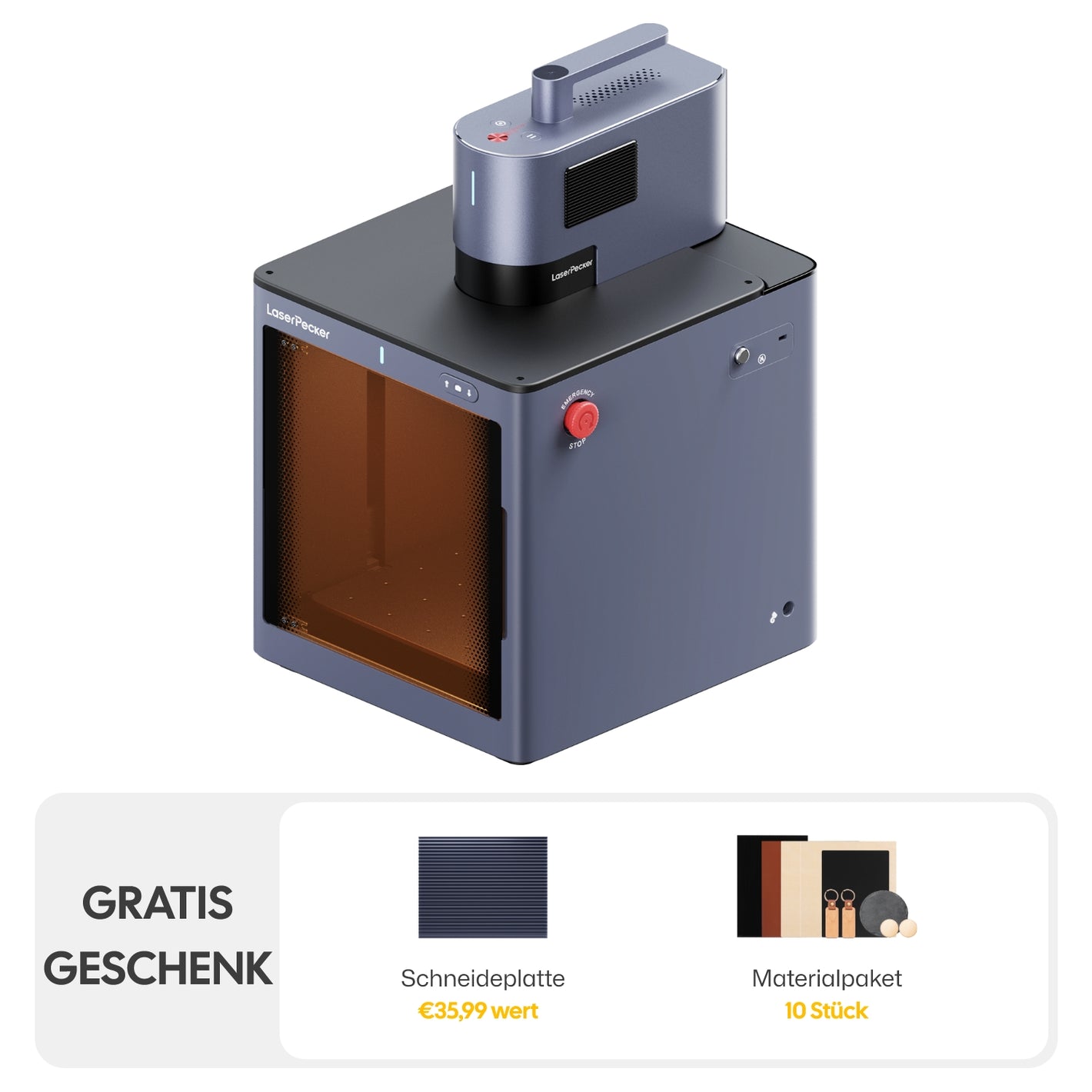 LaserPecker LP5 Safeguard Standard Bundle – Lasergravierer mit Sicherheitsgehäuse, gratis Geschenk: Schneideplatte im Wert von 35,99 € und Materialpaket mit 10 Stück.