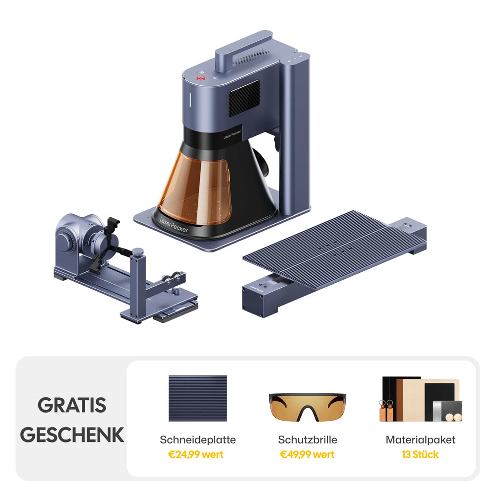 LaserPecker LP5 Deluxe Bundle umfasst LaserPecker LP5  Lasergravierer, zwei Zubehör und Gratis Geschenk.