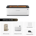 LaserPecker 20W Basis-Bundle mit 20W Lasermodul, intelligenter Air-Assist, Schneideleisten und Feuerlöscheinheit.