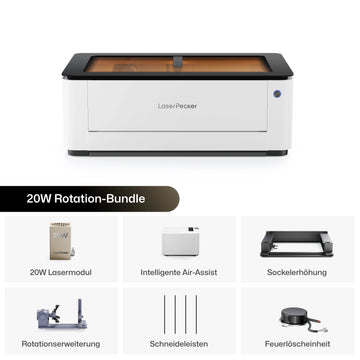 LaserPecker 20W Rotation-Bundle mit 20W Lasermodul, intelligenter Air-Assist, Sockelerhöhung, Rotationserweiterung, Schneideleisten und Feuerlöscheinheit.