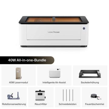LaserPecker 40W All-in-one-Bundle mit 40W Lasermodul, intelligenter Air-Assist, Sockelerhöhung, Rotationserweiterung, Rauchfilter, Schneideleisten und Feuerlöscheinheit.