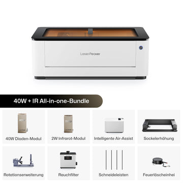 LaserPecker 40W + IR All-in-one-Bundle mit 40W Dioden-Modul, 2W Infrarot-Modul, intelligenter Air-Assist, Sockelerhöhung, Rotationserweiterung, Rauchfilter, Schneideleisten und Feuerlöscheinheit.