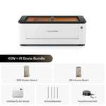LaserPecker 40W + IR Basis-Bundle mit 40W Dioden-Modul, 2W Infrarot-Modul, intelligenter Air-Assist, Schneideleisten und Feuerlöscheinheit.