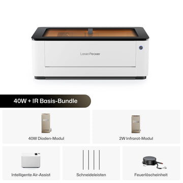 LaserPecker 40W + IR Basis-Bundle mit 40W Dioden-Modul, 2W Infrarot-Modul, intelligenter Air-Assist, Schneideleisten und Feuerlöscheinheit.