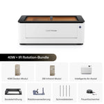 LaserPecker 40W + IR Rotation-Bundle mit 40W Dioden-Modul, 2W Infrarot-Modul, intelligenter Air-Assist, Sockelerhöhung, Rotationserweiterung, Schneideleisten und Feuerlöscheinheit.