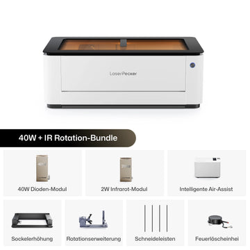 LaserPecker 40W + IR Rotation-Bundle mit 40W Dioden-Modul, 2W Infrarot-Modul, intelligenter Air-Assist, Sockelerhöhung, Rotationserweiterung, Schneideleisten und Feuerlöscheinheit.
