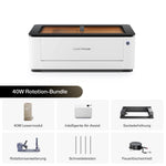 LaserPecker 40W Rotation-Bundle mit 40W Lasermodul, intelligenter Air-Assist, Sockelerhöhung, Rotationserweiterung, Schneideleisten und Feuerlöscheinheit.