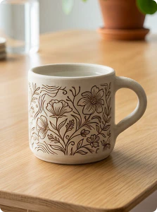 Keramikbecher mit fein gravierten Mustern