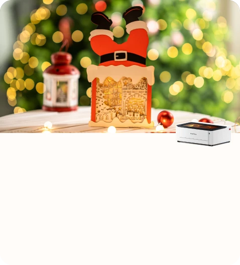 A festive wooden Christmas ornament featuring a Santa Claus design displayed with holiday decorations and warm lights in the background.
