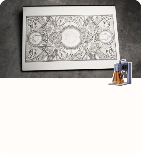 A framed decorative engraving with ornate geometric and industrial design elements.