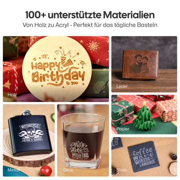 LaserPecker LP2 Lasergravierer mit 100+ unterstützten Materialien – Holz, Papier, Metall, Glas und Stein – perfekt für tägliches Basteln.