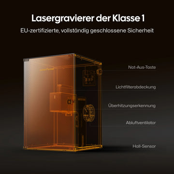 LaserPecker LP2 Safeguard – Lasergravierer der Klasse 1 mit EU-zertifiziertem, vollständig geschlossenem Sicherheitsgehäuse, Not-Aus-Taste, Lichtfilterabdeckung, Überhitzungserkennung, Abluftventilator und Hall-Sensor.