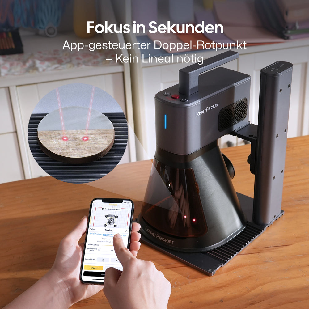 LaserPecker LP2 Plus Lasergravierer gesteuert per Smartphone App mit Dopple Rotpunkt Fokus zur schnellen Ausrichtung.