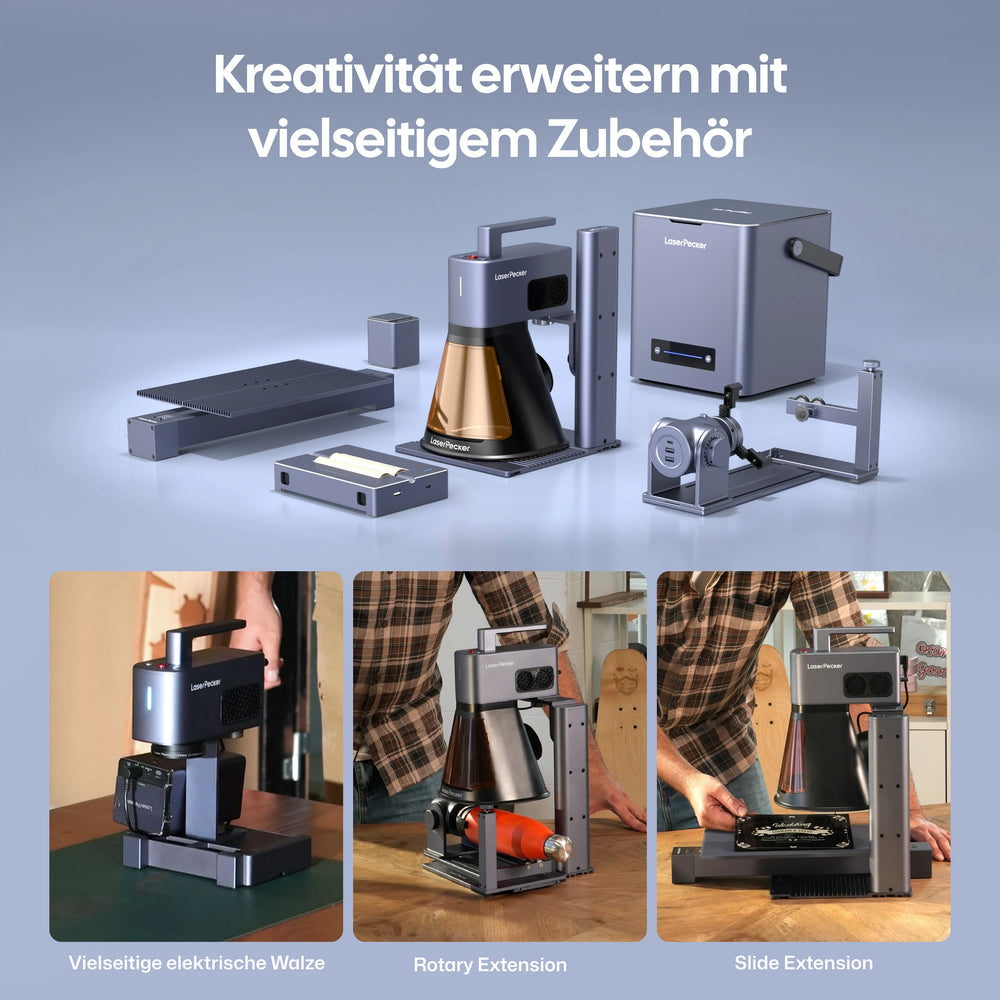 LaserPecker LP2 Plus Lasergravierer mit vielseitigem Zubehör – elektrische Walze, Rotary Extension und Slide Extension.