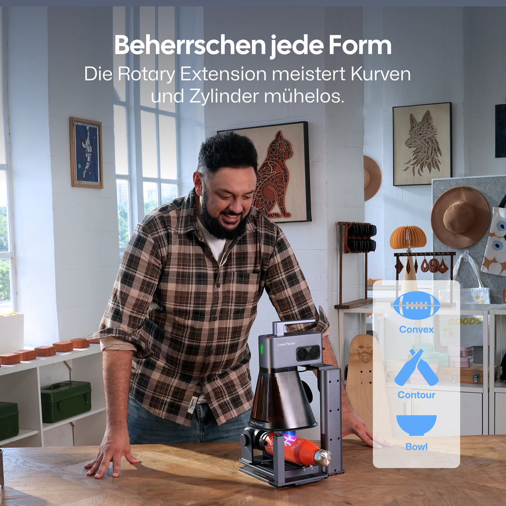 LaserPecker LP2 Plus Lasergravierer mit Rotary Extension – meistert Kurven, Zylinder, konvexe Flächen, Konturen und Schalen mühelos.