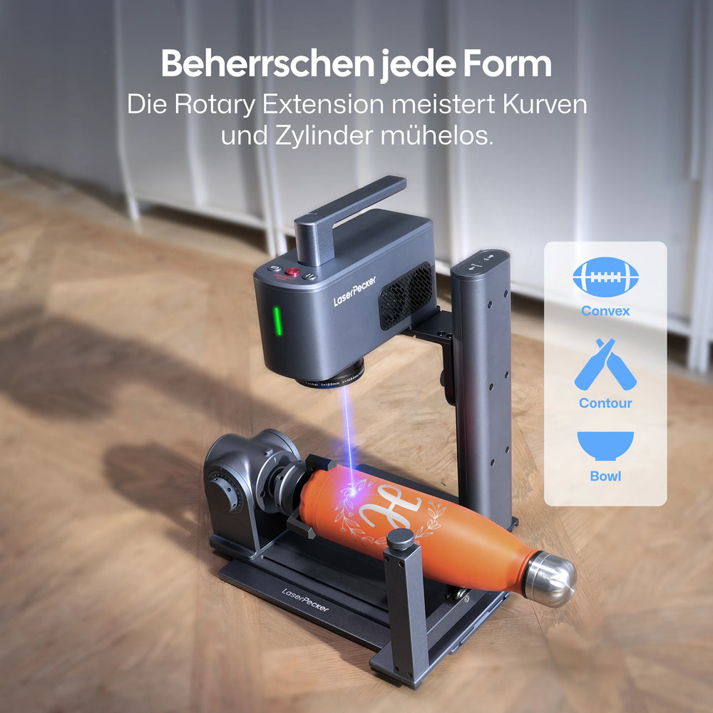 LaserPecker LP2 Plus Lasergravierer mit Rotary Extension – meistert Kurven, Zylinder, konvexe Flächen, Konturen, Schalen und Rocker-Formen mühelos.