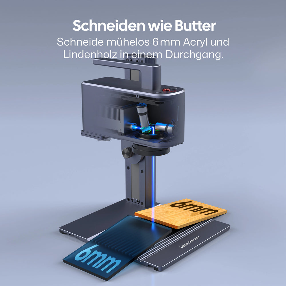 LaserPecker LP2 Plus Lasergravierer kann mühelos 6 mm Acryl und Lindenholz in einem Durchgang schneiden. 