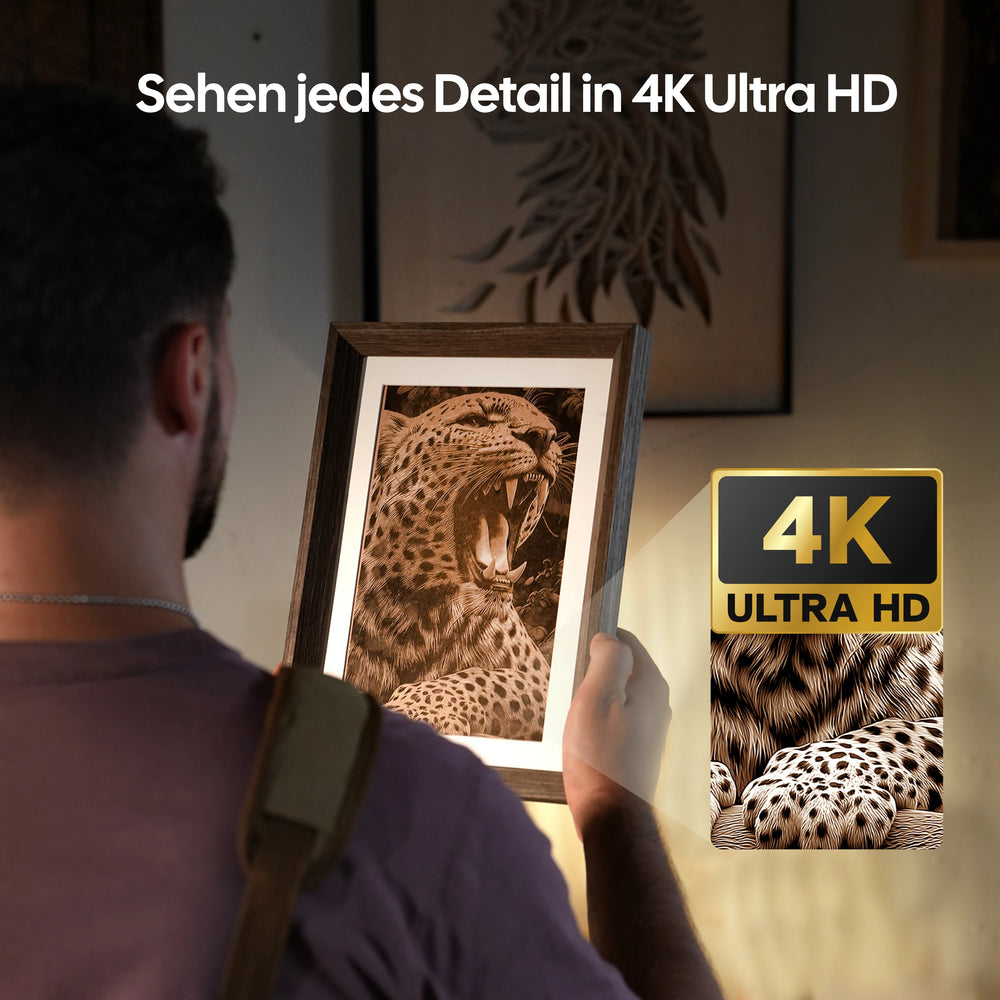 LaserPecker LP2 Plus Lasergravierer – 4K Ultra HD Detailtreue für hochpräzise Lasergravur, gezeigt an einem gerahmten Leoparden-Bild.