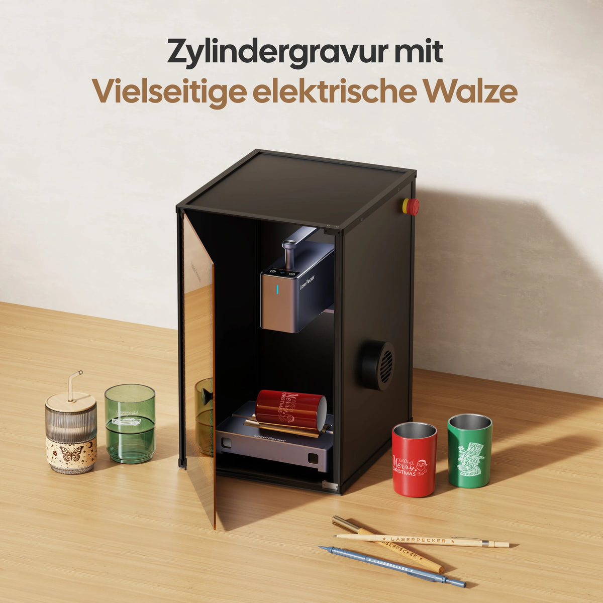 LaserPecker LP2 Safeguard mit vielseitiger elektrischer Walze für Zylindergravur auf runden Objekten wie Flaschen und Bechern.
