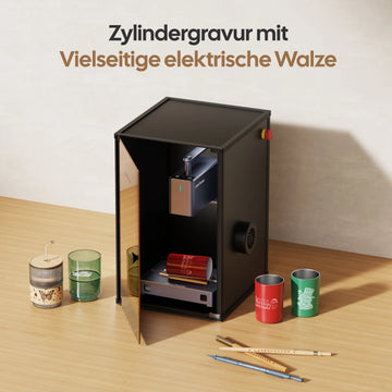 LaserPecker LP2 Safeguard mit vielseitiger elektrischer Walze für Zylindergravur auf runden Objekten wie Flaschen und Bechern.
