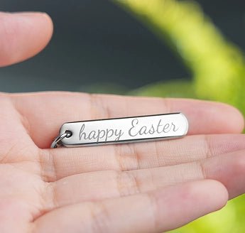LaserPecker LP4 laser etched custom metal Easter keychain.