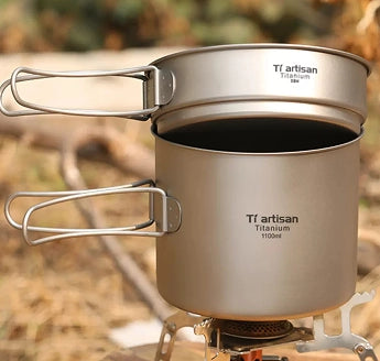 Custom titanium camping cookware laser engraved with a brand logo using LaserPecker LP4.