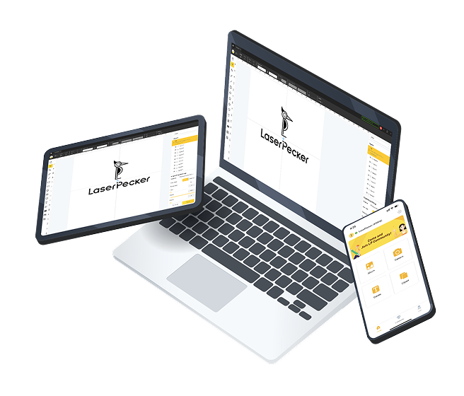 LaserPecker Design Space (LDS) Software mit plattformübergreifender Unterstützung für PC, Smartphone und iPad.
