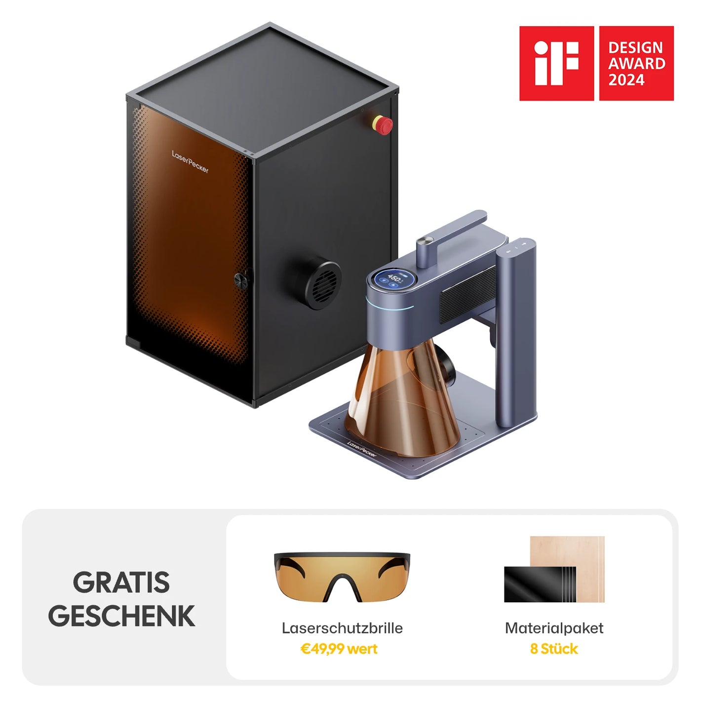 LaserPecker LP4 Lasergravierer mit optionalem Sicherheitsgehäuse – gratis Geschenk: Laserschutzbrille im Wert von 49,99 € und Materialpaket mit 8 Stück.