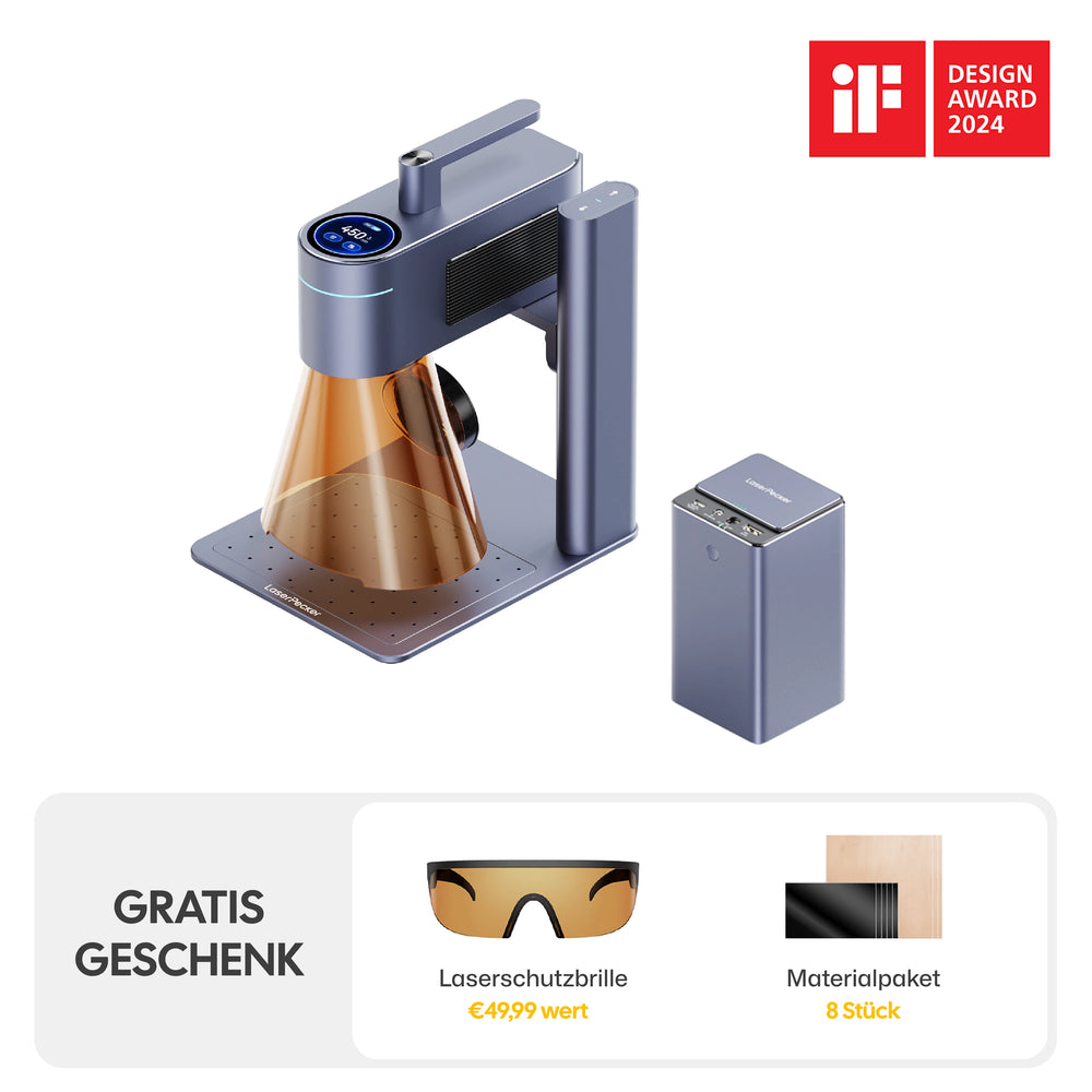LaserPecker LP4 Lasergravierer, PowerPack Plus und Gratis Geschenk enthält eine Laserschutzbrille und acht
Stück Materialien
