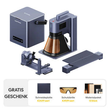 LaserPecker LP5 All-in-One Bundle – inklusive Schiebeerweiterung, Rotationserweiterung und Luftreiniger, gratis Geschenk: Schneideplatte im Wert von 24,99 €, Schutzbrille im Wert von 49,99 € und Materialpaket mit 13 Stück.