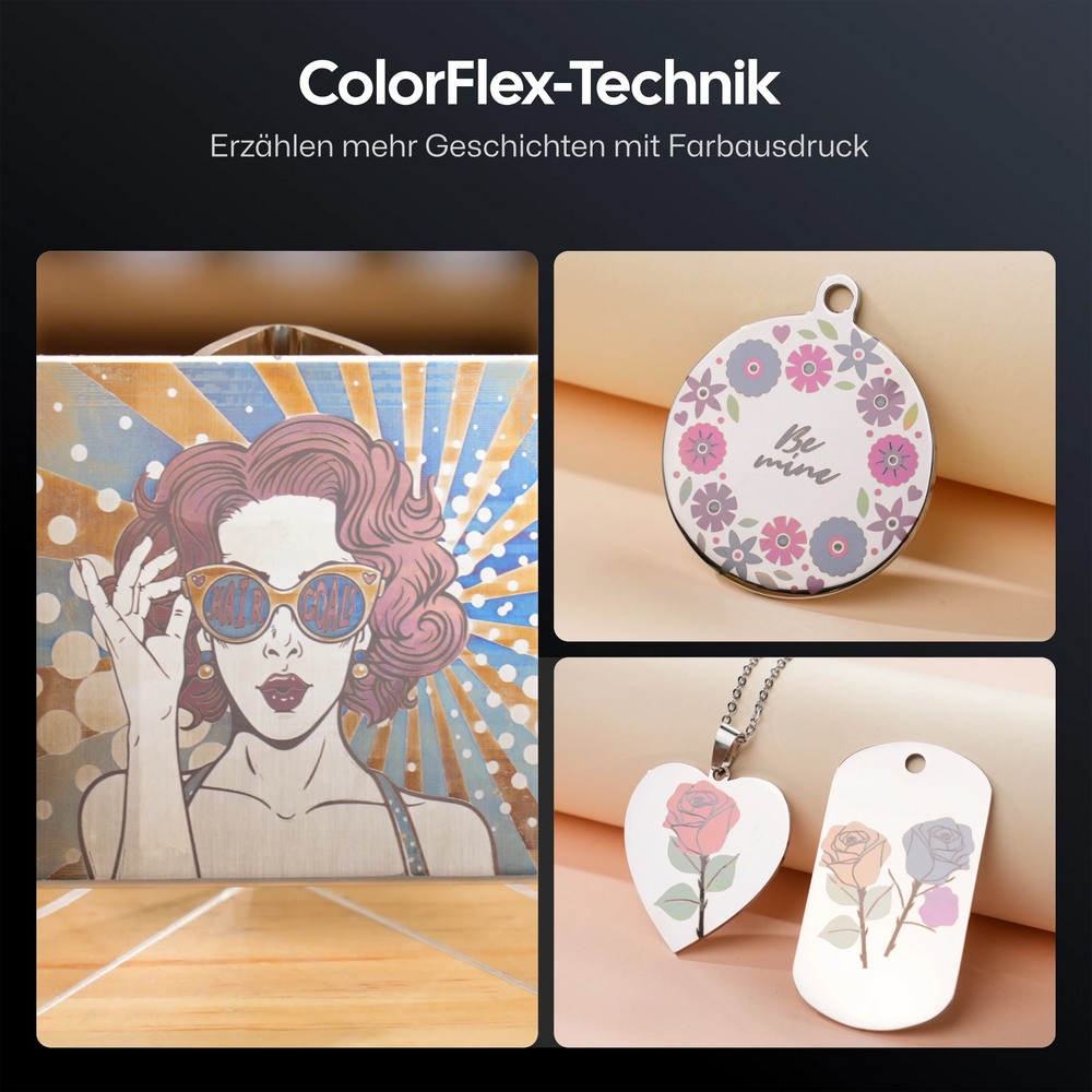 LaserPecker LP5 ColorFlex-Technik – Farbgravur auf Edelstahl mit lebendigen Retro-Designs wie einer Frau mit pinken Haaren und Sonnenstrahlen in Blau und Gelb.