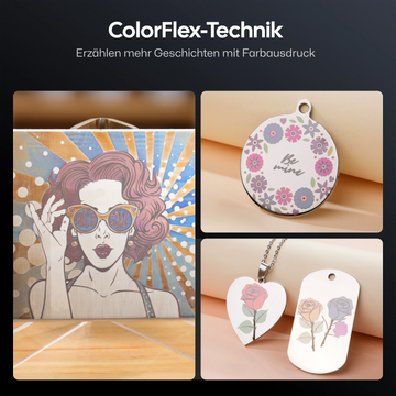 LaserPecker LP5 ColorFlex-Technik – Farbgravur auf Edelstahl mit lebendigen Retro-Designs wie einer Frau mit pinken Haaren und Sonnenstrahlen in Blau und Gelb.