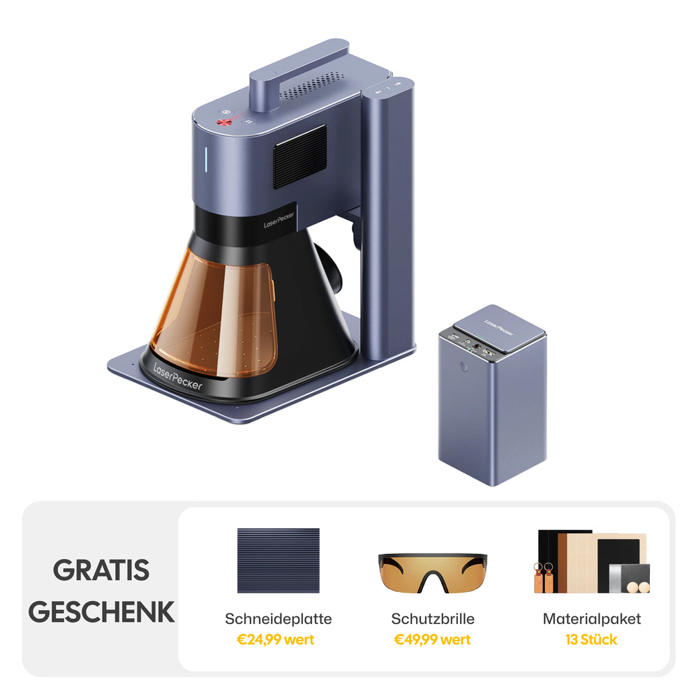 LaserPecker LP5 Ultimate Bundle umfasst LaserPecker LP5  Lasergravierer, PowerPack Plus und Gratis Geschenk.