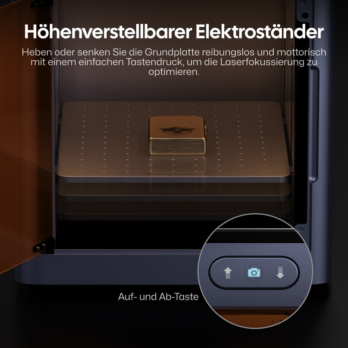LaserPecker LP5 Sicherheitsgehäuse mit h?henverstellbarem Elektrost?nder – motorische Höhenverstellung der Grundplatte per Knopfdruck zur Optimierung der Laserfokussierung.