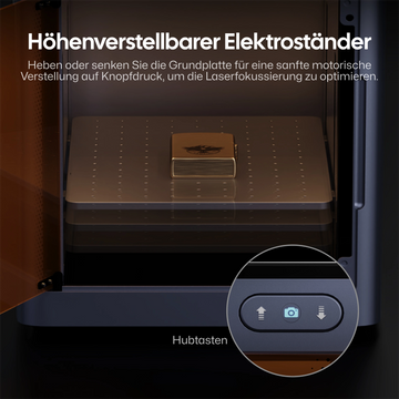 LaserPecker LP5 Sicherheitsgehäuse mit höhenverstellbarem Elektroständer – sanfte motorische Verstellung auf Knopfdruck zum Optimieren der Laserfokussierung.