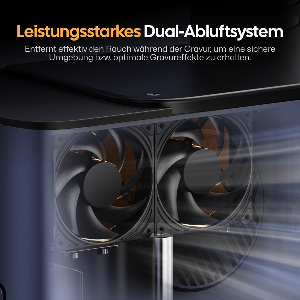 LaserPecker LP5 Sicherheitsgehäuse mit leistungsstarkem Dual-Abluftsystem – entfernt effektiv Rauch während der Gravur für sichere Umgebung und optimale Ergebnisse.