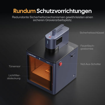 LaserPecker LP5 Sicherheitsgehäuse mit rundum Schutzvorrichtungen – Türsensor, Lichtfilterabdeckung, Sicherheitsschlüssel, Feuerlöschgasbombe und Not-Aus-Schalter für einen sicheren Gravierarbeitsplatz.