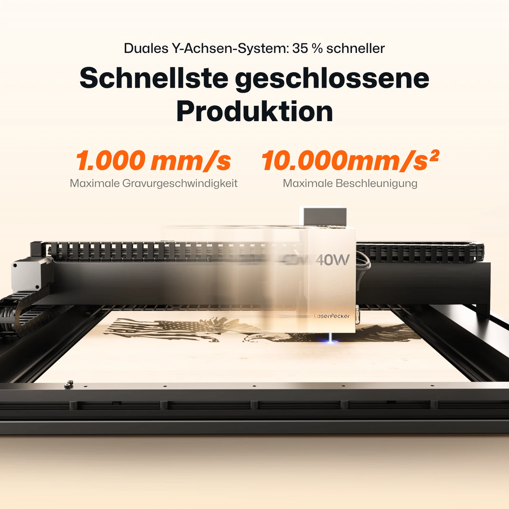 LaserPecker LX2 Laserschneider mit dualem Y-Achsen-System – 35 % schneller, 1.000 mm/s Gravurgeschwindigkeit, 10.000 mm/s² Beschleunigung, 40W.