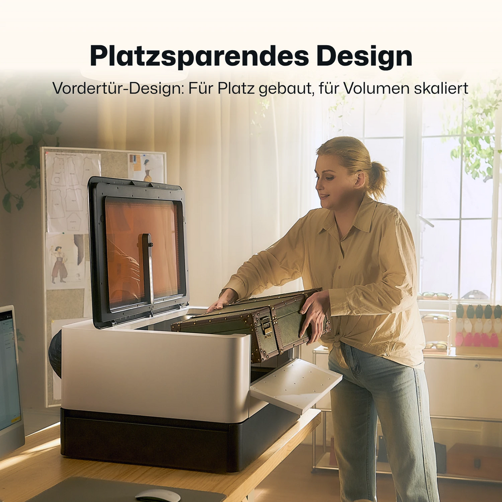 LaserPecker LX2 Laserschneider mit platzsparendem Vordertür-Design – für wenig Platz gebaut und für hohes Volumen skalierbar.