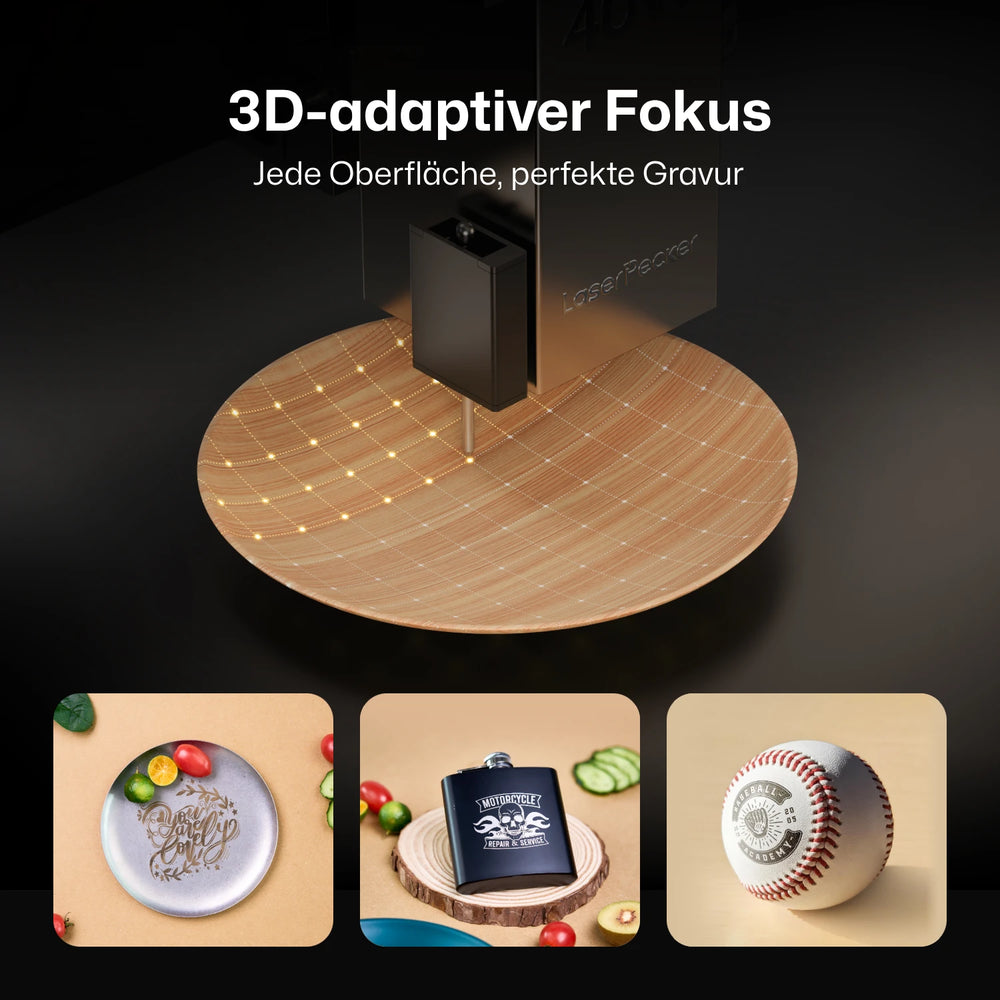 LaserPecker LX2 Laserschneider mit 3D-adaptivem Fokus – perfekte Gravur auf jeder Oberfläche, auch für 3D gekrümmte Flächen.